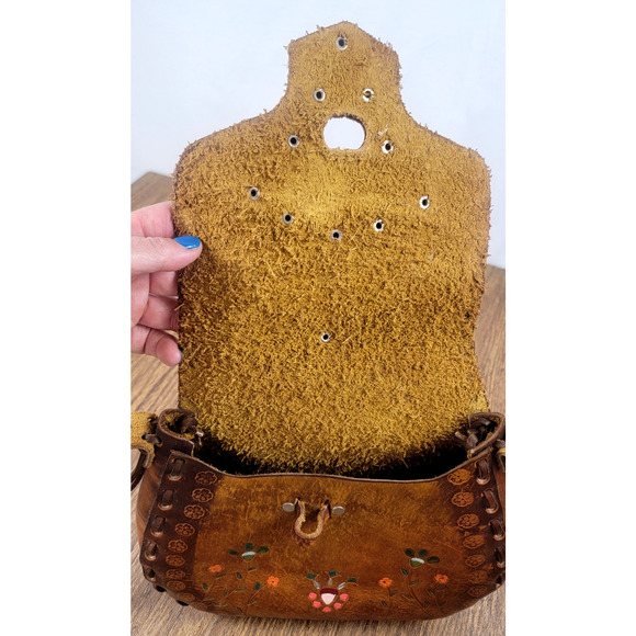 Title: Vintage 70s Handpainted Tooled Leather Shoulder Bag Boho Western Hippie - Picture 5 of 11